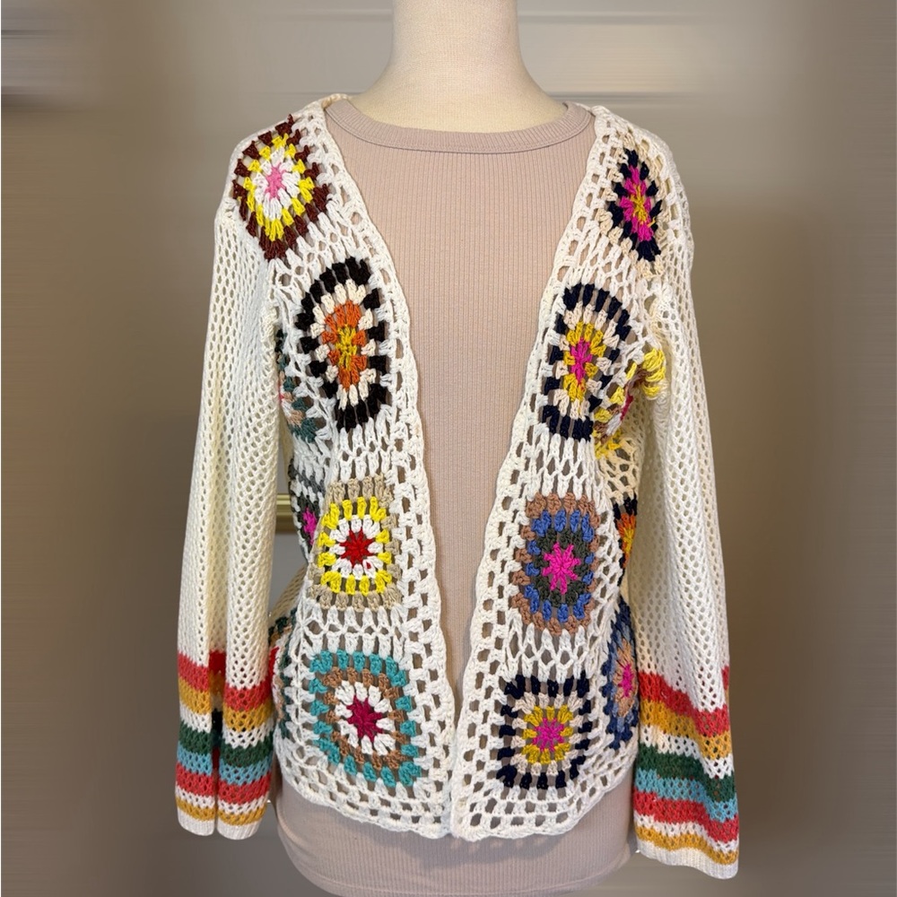 Multicolor Crochet Open-Front Sweater